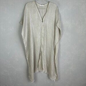 Elaine Kim one size sheer ramie zip up poncho fringe hem beige boho long